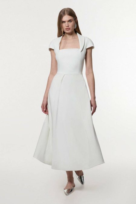 Midi Dresses Women Karen Millen Petite Compact Stretch Square Neck Tailored Full Skirted Midaxi Dress Ivory