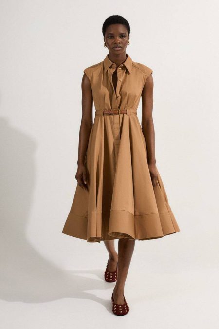 Midi Dresses Women Karen Millen Tailored Cotton Belted Collared Full Midi Dress Ivory