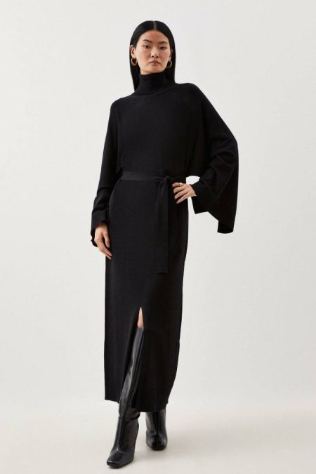 Midi Dresses Women Karen Millen Viscose Blend Funnel Neck Belted Knitted Midi Dress Grey Marl