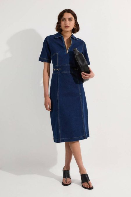 Midi Dresses Women Mid Wash Karen Millen Stretch Denim Snaffle Trim Collared Midi Dress