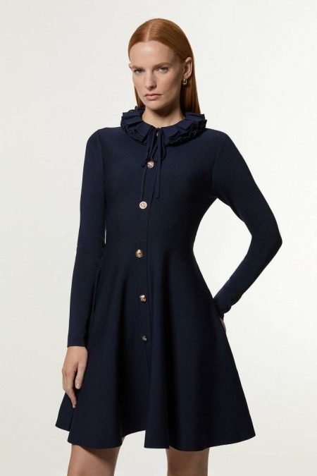 Midi Dresses Women Military Trim Woven Collar Knit Skater Dress Karen Millen Navy
