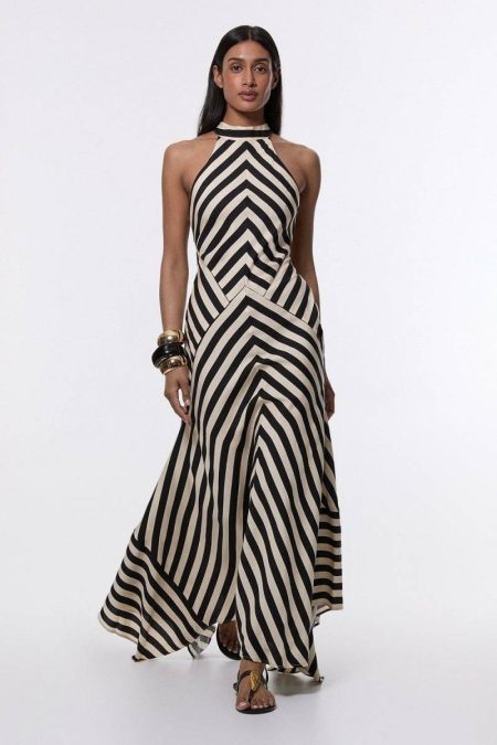 Midi Dresses Women Mono Tall Mono Fluid Stripe Cotton Mix Woven Maxi Halter Dress Karen Millen