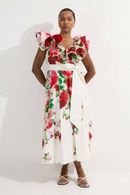 Midi Dresses Women Plus Size Floral Cotton Poplin Structure Ruffle Tie Belt Woven Midi Dress Karen Millen Floral