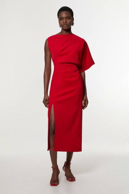 Midi Dresses Women Soft Tailored Asymmetric Sleeve Midi Dress Karen Millen Red