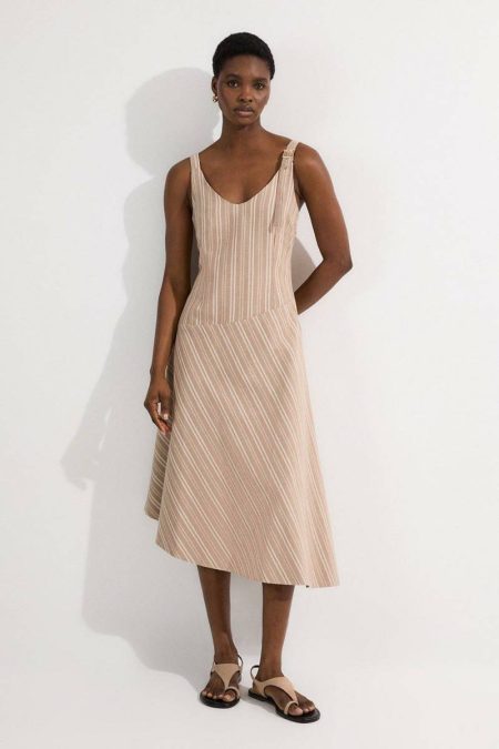 Midi Dresses Women Tailored Stripe Linen Strappy Asymmetric Hem Midi Dress Karen Millen Neutral