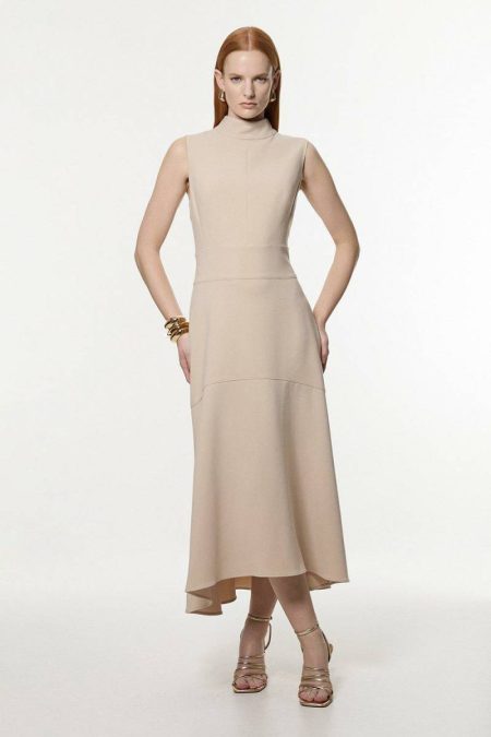 Midi Dresses Women Tall Compact Stretch Essential High Low Midi Dress Beige Karen Millen
