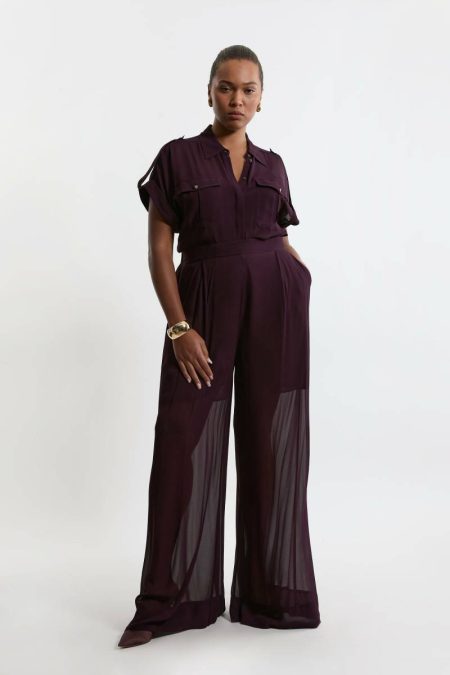 Midnight Purple Karen Millen Women Tailoring Plus Size Wide Leg Viscose Woven Pants