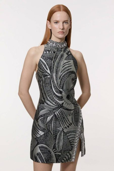 Mini Dresses Black Karen Millen Tall Crystal Embellished Jacquard Woven Thigh Split Mini Dress Women