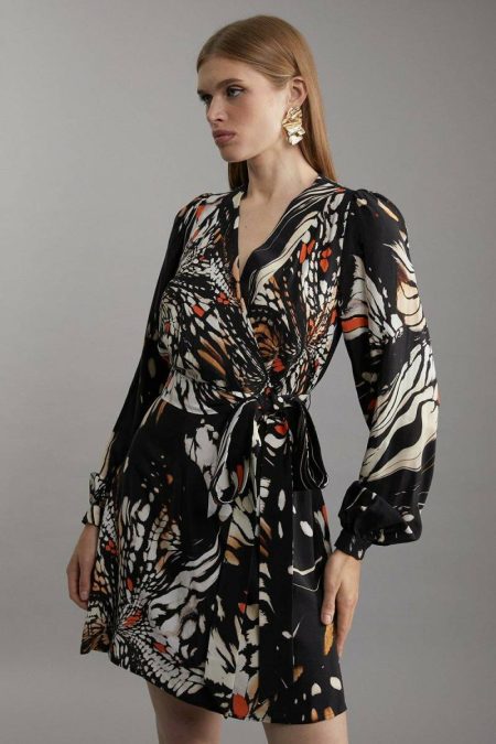 Mini Dresses Butterfly Print Viscose Crepe Woven Wrap Mini Dress Karen Millen Women Black