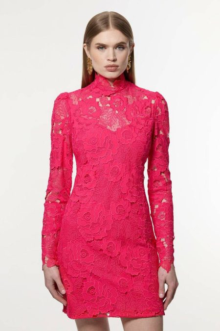 Mini Dresses Fuchsia Guipure Lace High Neck Woven Mini Dress Women Karen Millen