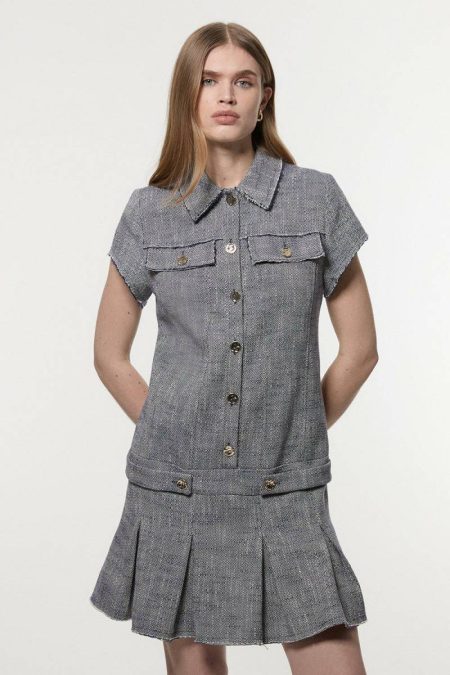 Mini Dresses Karen Millen Petite Spring Tweed Tailored Mini Dress Women Navy