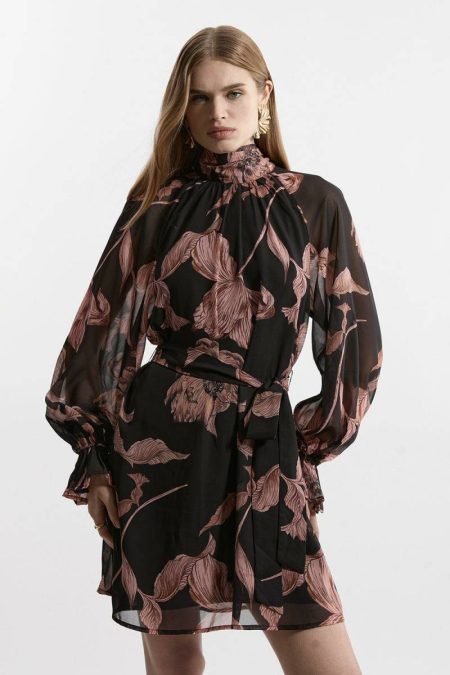 Mini Dresses Karen Millen Women Georgette Tie Neck Woven Mini Dress Floral