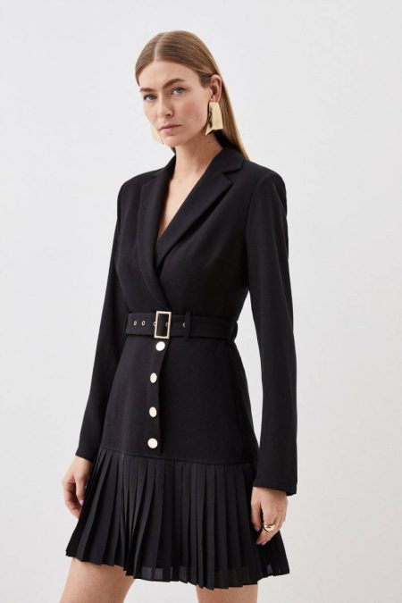 Mini Dresses Karen Millen Women Jersey And Georgette Mix Pleat Mini Dress Black