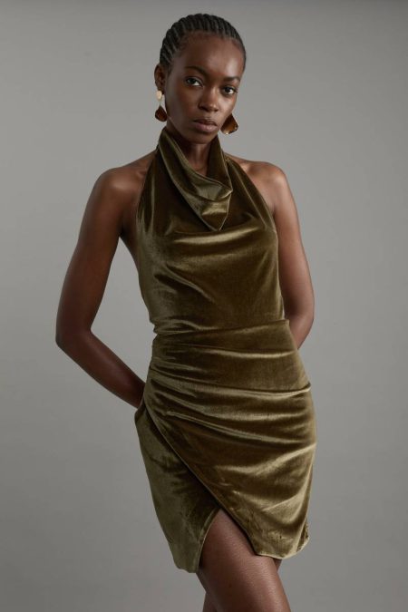 Mini Dresses Khaki Stretch Velvet Halter Neck Mini Dress Women Karen Millen