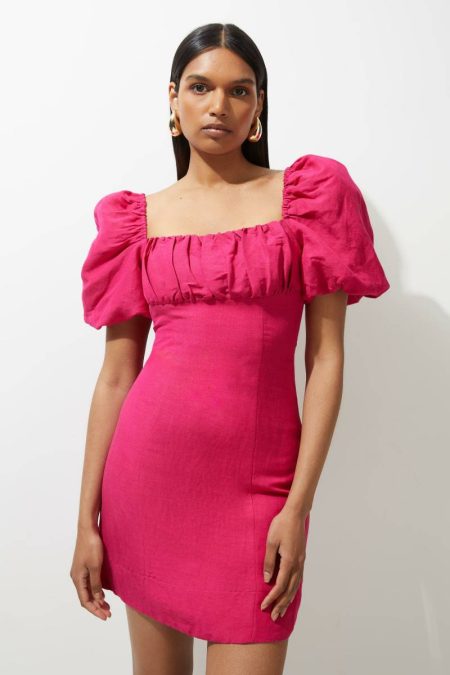 Mini Dresses Magenta Women Karen Millen Viscose Linen Woven Puff Sleeve Mini Dress
