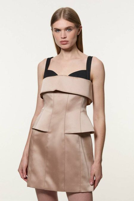 Mini Dresses Structured Viscose Satin Stitch Detail Tailored Peplum Mini Dress Women Karen Millen Mono
