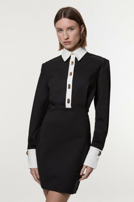 Mini Dresses Women Karen Millen Petite Techno Cotton Woven Mini Dress With Gold Clasp Mono
