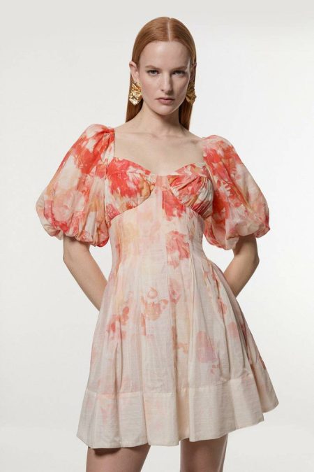 Mini Dresses Women Karen Millen Silk Cotton Trailing Floral Mini Dress Peach