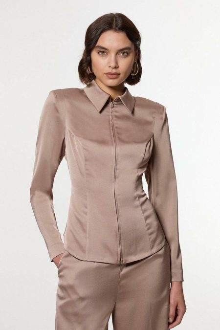 Mocha Tops Women Karen Millen Satin Back Crepe Strong Shoulder Woven Zip Front Blouse