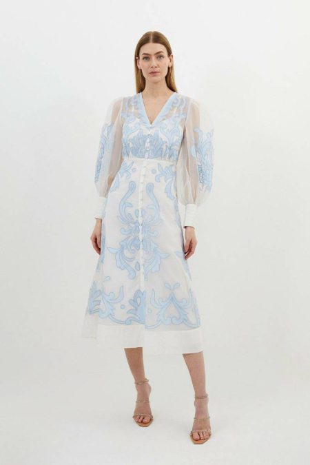 Mono Applique Organdie Buttoned Woven Midi Dress Tailoring Women Karen Millen