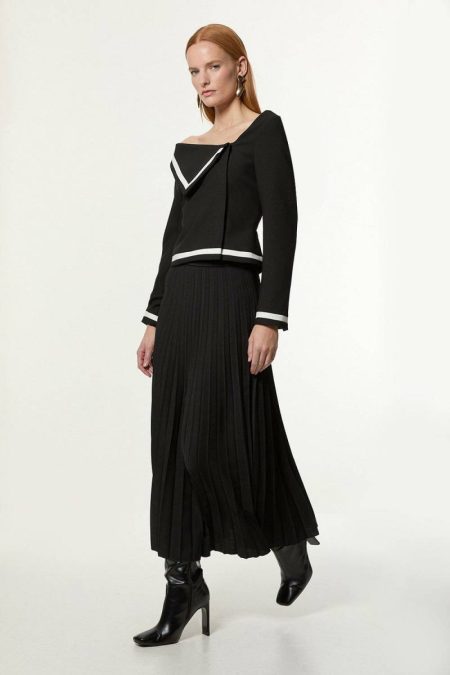 Mono Compact Stretch Asymmetric Neck Color Block Pleated Tailored Midaxi Dress Karen Millen Women Tailoring
