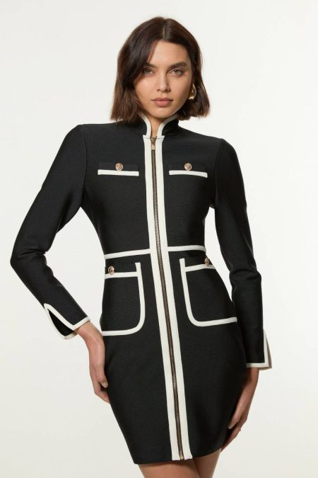 Mono Karen Millen Knitwear Women Figure Form Bandage Knit Piping Detail Military Dress
