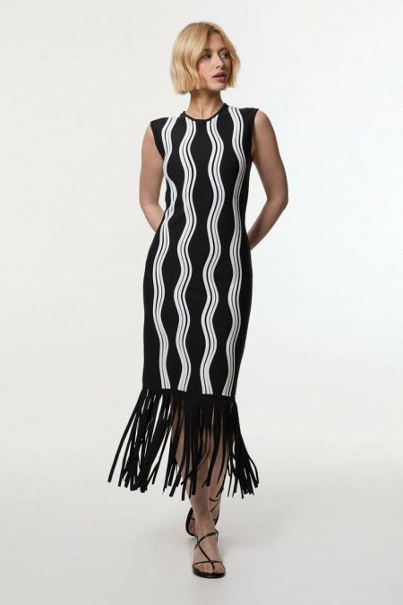 Mono Karen Millen Maxi Dresses Contrast Wave Knit Dress With Fringing Women
