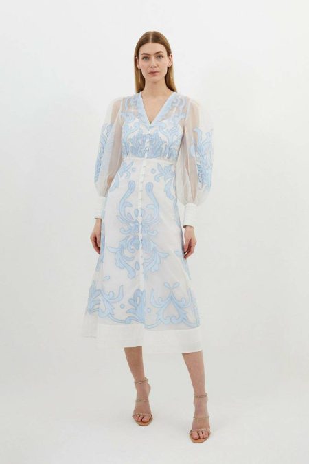 Mono Karen Millen Tailoring Petite Applique Organdie Buttoned Woven Midi Dress Women