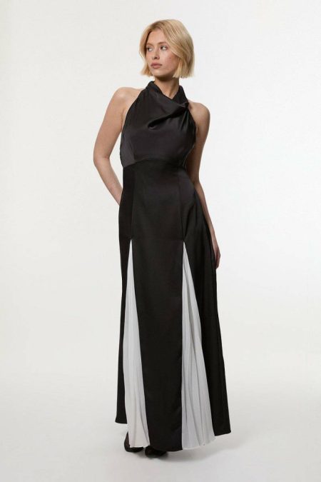 Mono Karen Millen Women Maxi Dresses Drama Halter Pleat Insert Woven Maxi Dress