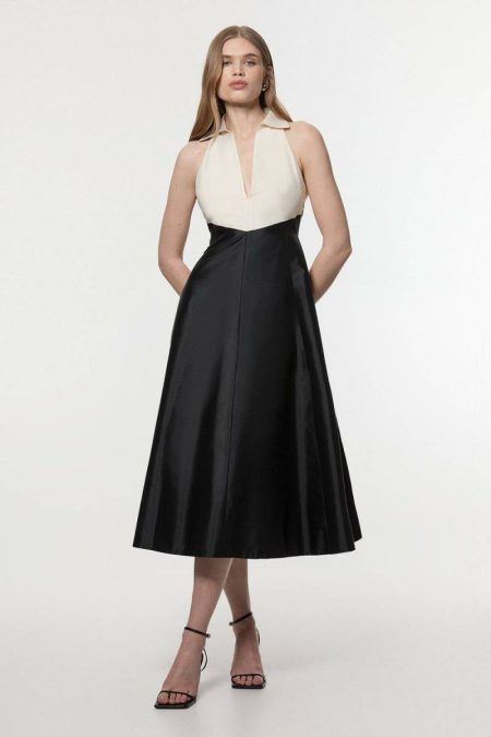 Mono Karen Millen Women Taffeta Contrast Tux Tailored Full Skirted Shirt Dress Skirts