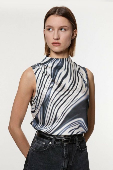 Mono Karen Millen Women Tops Tall Graduated Stripe Viscose Satin Sleeveless High Neck Blouse