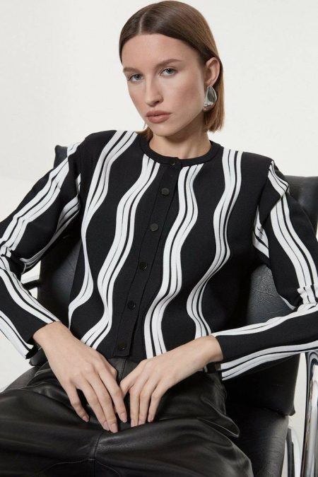 Mono Knitwear Karen Millen Women Contrast Wave Knit Jacket With Fringing