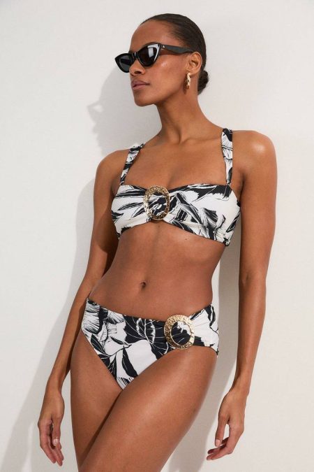 Mono Palm Print High Waisted Detail Bikini Bottoms Karen Millen Swimwear Women