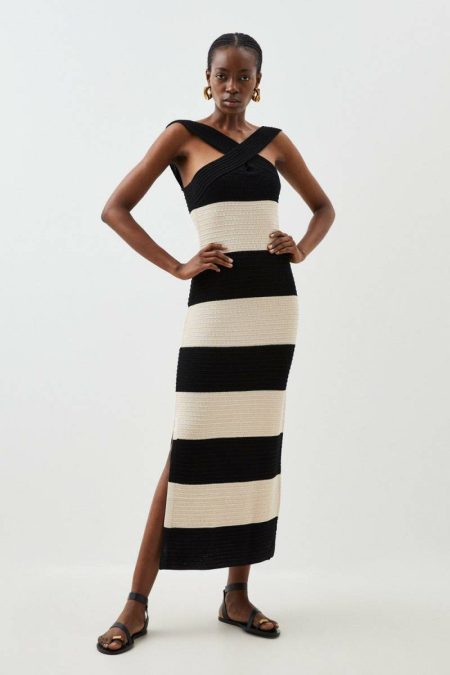 Mono Petite Viscose Striped Cross Front Knit Midi Dress Karen Millen Tailoring Women