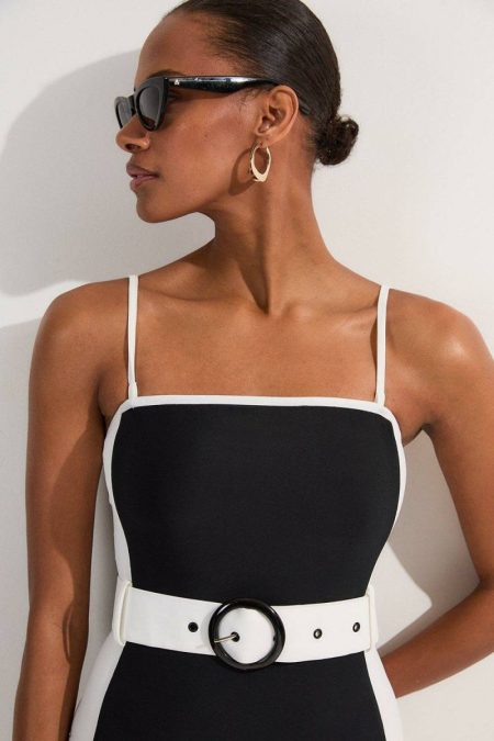 Mono Women Karen Millen Contrast Panelled Bandeau Swimsuit With Belt Swimwear