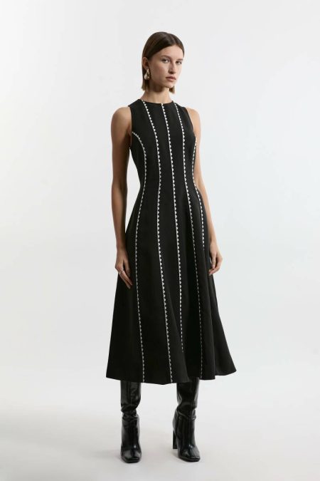 Mono Women Karen Millen Maxi Dresses Tall Scallop Trim Panelled Crepe Maxi Dress