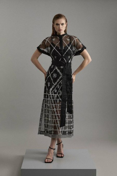 Mono Women Karen Millen Tailoring Organdie Crystal Embellished Tie Waist Woven Maxi Dress