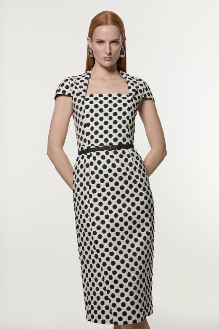 Mono Women Midi Dresses Spot Jacquard Square Neck Tailored Pencil Midi Dress Karen Millen