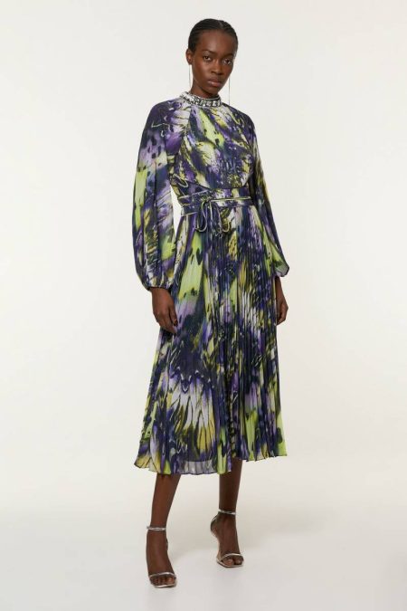 Multi Crystal Embellished Crinkle Feather Printed Woven Maxi Dress Maxi Dresses Karen Millen Women