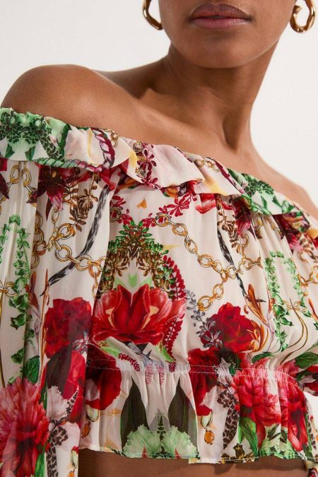 Multi Karen Millen Women Beach Viscose Georgette Mirrored Rose Print Woven Off The Shoulder Top Tops