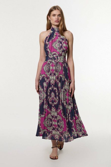 Multi Maxi Dresses Tile Print Georgette Woven Halter Neck Maxi Dress Karen Millen Women