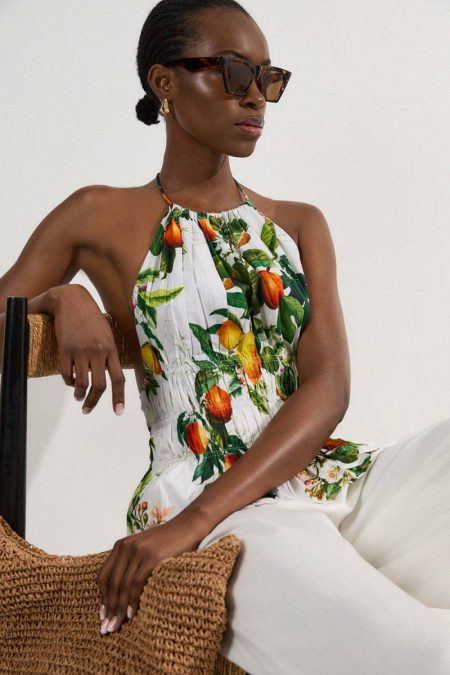 Multi Maxi Dresses Women Petite Shirred Cotton Tiered Fruit Print Halter Neck Woven Maxi Dress Karen Millen