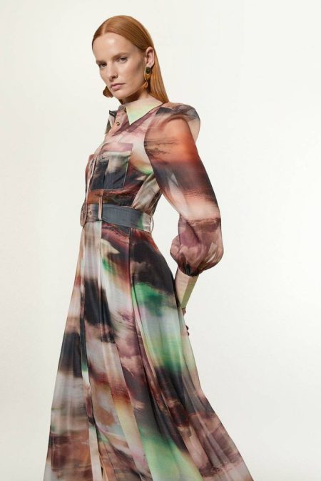 Multi Midi Dresses Marbled Organdie Belted Woven Midi Dress Women Karen Millen