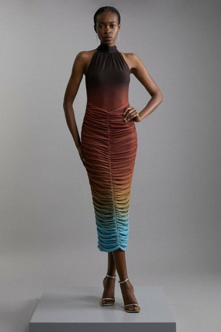 Multi Ombre Jersey Mesh Halter Ruched Midi Dress Women Karen Millen Midi Dresses