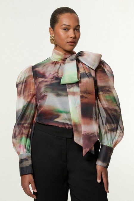 Multi Plus Size Marbled Organdie Pussybow Woven Blouse Karen Millen Tops Women