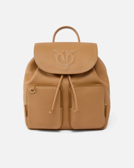 Multi-Pocket Backpack In Tumbled Leather Nougat-Antique Gold Backpacks Pinko