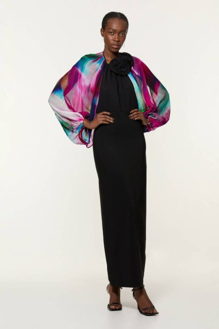 Multi Printed Viscose Cady Cold Shoulder Maxi Dress With Viscose Georgette Cowl Back Tailoring Women Karen Millen