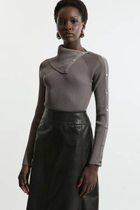 Mushroom Viscose Blend Rib Knit Envelope Neck Top Women Tailoring Karen Millen