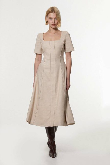 Natural Midi Dresses Women Herringbone Full Skirt Tailored Midi Dress Karen Millen