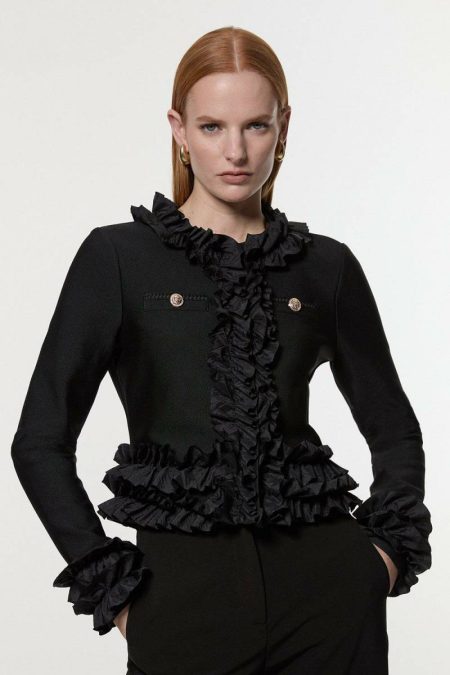 Natural Women Karen Millen Knitwear Figure Form Bandage Knit Jacket With Woven Ruffle Trim